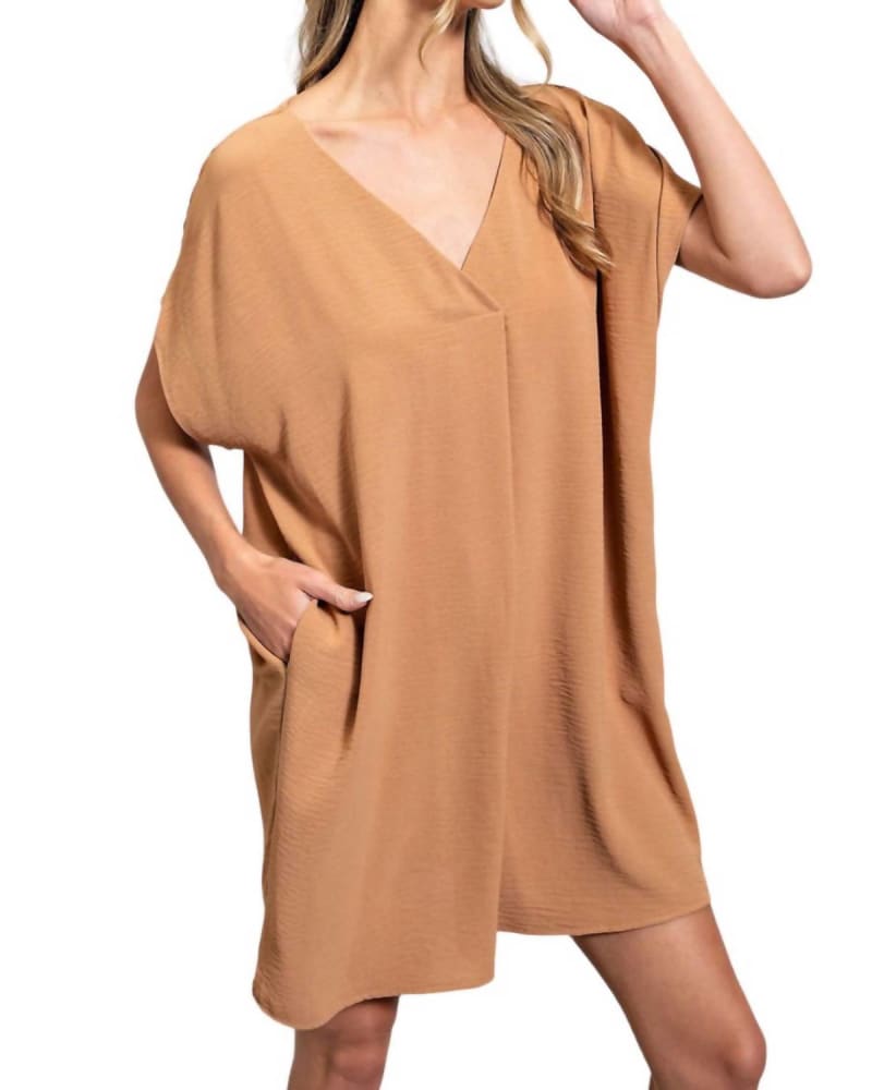 Front of a model wearing a size XL Love Me V Neck Dress In Camel in Camel by CURVY GIRL. | dia_product_style_image_id:342399